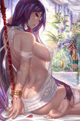 Rule 34 | 1girl, arm grab, ass, back, backless dress, backless outfit, bare arms, bare back, bare shoulders, barefoot, bottle, breasts, butt crack, commentary request, cup, dress, drinking glass, fate/grand order, fate (series), feet, female focus, gae bolg (fate), gtunver, highres, lace, lace trim, large breasts, bridal garter, long hair, looking at viewer, looking back, meme attire, naked sweater, polearm, purple hair, red eyes, resolution mismatch, revision, ribbed sweater, scathach (fate), scathach (fate), sideboob, sitting, soles, solo, spear, sweater, sweater dress, toes, turtleneck, turtleneck sweater, virgin killer sweater, wariza, weapon, wine bottle, wine glass