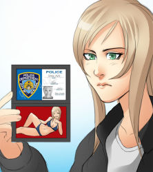 Rule 34 | 1girl, aya brea, bikini, blonde hair, fox mulder, green eyes, greenmarine, grin, id card, lips, long hair, looking at viewer, lying, multiple persona, nose, one eye closed, parasite eve, parody, photo (object), police, police badge, serious, signature, smile, solo, swimsuit, the simpsons, x-files