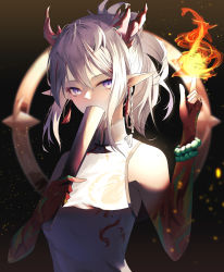Rule 34 | 1girl, absurdres, arknights, braid, china dress, chinese clothes, colored skin, covering own mouth, dark background, dragon girl, dragon horns, dragon print, dress, earrings, embers, fire, folding fan, hand fan, hand up, highres, holding, holding fan, horns, jewelry, kanaya604, long hair, nian (arknights), nian (unfettered freedom) (arknights), pointy ears, ponytail, purple eyes, side braid, sleeveless, sleeveless dress, solo, tassel, tassel earrings, upper body, white dress, white hair