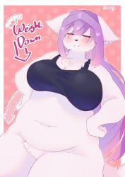 Rule 34 | 1girl, = =, absurdres, animal ear fluff, animal ears, animal nose, arrow (symbol), artist name, bare shoulders, belly, blush, body fur, border, bottomless, breasts, cleavage, closed eyes, closed mouth, cowboy shot, ears down, english text, fat, female focus, fox ears, fox girl, fox tail, furry, furry female, hair between eyes, hair intakes, hands on own hips, happy, highres, large breasts, long hair, navel, original, outline, plump, polka dot, polka dot background, purple hair, red background, sidelocks, signature, simple background, smile, solo, sparkle, split mouth, sports bra, standing, tail, thick thighs, thighs, ukenya, weight loss, white border, white fur, white outline, wide hips