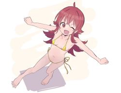 Rule 34 | 1girl, ;d, bad id, bad twitter id, barefoot, bikini, breasts, clenched hands, collarbone, fluidlily, gold bikini, idolmaster, idolmaster shiny colors, komiya kaho, looking at viewer, micro bikini, navel, one eye closed, open mouth, outstretched arms, red eyes, red hair, shiny swimsuit, side-tie bikini bottom, simple background, small breasts, smile, solo, swimsuit, v-shaped eyebrows, yellow bikini