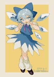 Rule 34 | 1girl, black footwear, blue bow, blue bowtie, blue dress, blue eyes, blue hair, border, bow, bowtie, canariadraw, cirno, collar, collared shirt, commentary, crossed legs, dated, double v, dress, fairy, hair bow, hashtag-only commentary, highres, ice, ice wings, looking at viewer, loose socks, medium hair, open mouth, puffy short sleeves, puffy sleeves, purple ribbon, ribbon, shirt, short sleeves, socks, touhou, twitter username, v, white border, white collar, white shirt, white socks, wings, yellow background