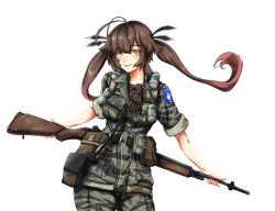 Rule 34 | 1girl, alternate costume, antenna hair, arms behind back, battle rifle, black ribbon, breasts, brown eyes, brown hair, camouflage, camouflage pants, camouflage shirt, commentary, commission, cowboy shot, english commentary, girls&#039; frontline, gun, haonfest, highres, m14, m14 (girls&#039; frontline), pants, pouch, ribbon, rifle, shirt, small breasts, smile, smoke grenade, solo, twintails, weapon, white background