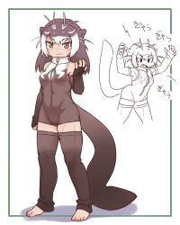 Rule 34 | 0x0082, 1girl, absurdres, animal ears, bare shoulders, barefoot, blush, claw pose, commentary request, detached pants, elbow gloves, fingerless gloves, front zipper swimsuit, full body, giant otter (kemono friends), gloves, grey hair, grey one-piece swimsuit, high collar, highres, kemono friends, long hair, meme attire, multicolored hair, multiple views, one-piece swimsuit, orange eyes, otter ears, otter girl, otter tail, sleeveless, swimsuit, tail, translation request, two-tone hair, two-tone swimsuit, white hair, white one-piece swimsuit
