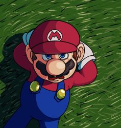 Rule 34 | 1boy, angry, blue eyes, brown hair, facial hair, frown, gloves, grass, hat, looking at viewer, looking up, lying, mario, mario (series), mario strikers: battle league, mustache, nintendo, open mouth, overalls, sideburns, solo
