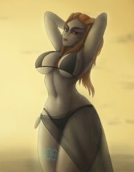 Rule 34 | 1girl, absurdres, bikini, black bikini, breasts, colored skin, day, female focus, gray body, grey skin, highres, in water, large breasts, long hair, looking at viewer, midna, navel, nintendo, orange hair, purple mouth, red eyes, saf-404, sky, solo, sunset, swimsuit, tagme, the legend of zelda, the legend of zelda: twilight princess, twili midna, video game character, yellow sky