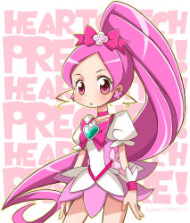Rule 34 | 10s, 1girl, :o, blush, brooch, copyright name, cure blossom, hanasaki tsubomi, heart, heart brooch, heartcatch precure!, hiyopuko, jewelry, long hair, magical girl, pink eyes, pink hair, ponytail, precure, simple background, skirt, solo, very long hair