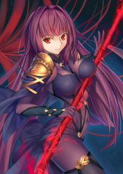 Rule 34 | 1girl, bodysuit, breasts, fate/grand order, fate (series), gae bolg (fate), highres, large breasts, long hair, looking at viewer, md5 mismatch, polearm, purple bodysuit, purple hair, red eyes, resolution mismatch, scathach (fate), solo, source smaller, spear, tsuki suigetsu, weapon