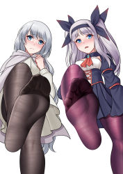 Rule 34 | 2girls, absurdres, blue eyes, blush, character request, feet, grey hair, hairband, highres, light purple hair, long hair, looking at viewer, multiple girls, oirin, open mouth, pantyhose, purple hair, soles, toes, twintails