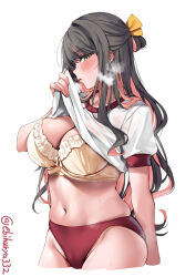 Rule 34 | 1girl, alternate costume, black hair, blush, bra, breasts, buruma, cameltoe, cleavage, clothes lift, collarbone, colored inner hair, commentary request, cropped legs, ebifurya, gym shirt, heavy breathing, highres, kantai collection, large breasts, lifted by self, long hair, looking at viewer, looking to the side, multicolored hair, naganami (kancolle), navel, panties, panty peek, pink hair, red buruma, shirt, shirt lift, short sleeves, simple background, solo, sweat, twitter username, underwear, white background, white shirt, yellow bra, yellow eyes, yellow panties
