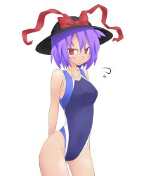 Rule 34 | 1girl, bow, competition swimsuit, female focus, hat, hat bow, highres, nagae iku, one-piece swimsuit, purple hair, red eyes, route1911, short hair, solo, swimsuit, touhou