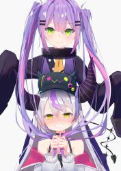 Rule 34 | 2girls, absurdres, ahoge, ascot, bare shoulders, black horns, braid, braided bangs, choker, collar, cosplay, costume switch, fake horns, green eyes, grey hair, highres, holding another&#039;s hair, hololive, horned headwear, horns, kamaboko (kmm15a), la+ darknesss, metal collar, multicolored hair, multiple girls, o-ring, o-ring choker, pointy ears, purple hair, streaked hair, striped horns, tokoyami towa, twintails, virtual youtuber, yellow eyes