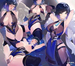 Rule 34 | 1boy, 1girl, adapted costume, armpits, arms behind head, arms up, asymmetrical gloves, bad id, bad pixiv id, bare shoulders, black hair, black pants, black thighhighs, blue dress, blue hair, blue leotard, blush, bob cut, breasts, breasts out, censored, chi-rol, cleavage, cleavage cutout, closed eyes, clothing cutout, covered erect nipples, cum, cum in pussy, diagonal bangs, dice, dress, earrings, fur-trimmed jacket, fur trim, genshin impact, gloves, grabbing, grabbing another&#039;s breast, green eyes, has bad revision, has censored revision, heart pasties, hetero, jacket, jacket on shoulders, jewelry, large breasts, leotard, looking at viewer, lying, mismatched gloves, missionary, mole, mole on breast, mosaic censoring, multicolored hair, multiple views, neck ring, on back, open mouth, pants, pasties, pelvic curtain, penis, pussy, sex, sex from behind, short hair, spread legs, tassel, thighhighs, thighs, thread, tight clothes, tight pants, two-tone hair, vaginal, white jacket, yelan (genshin impact)
