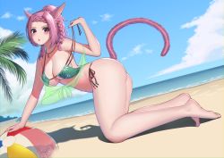 Rule 34 | 1girl, :o, absurdres, all fours, animal ears, ass, ball, bare legs, barefoot, beach, beachball, bikini, blush, braid, breasts, cat ears, cat tail, cleavage, commission, crown braid, final fantasy, final fantasy xiv, from side, full body, highres, himeliofon, large breasts, long hair, miqo&#039;te, navel, ocean, pink eyes, pink hair, puckered lips, side-tie bikini bottom, sky, solo, swimsuit, tail, undressing, untied bikini, warrior of light (ff14)