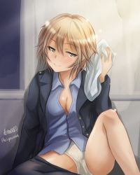 Rule 34 | 10s, 1girl, artist name, bad id, bad twitter id, black pantyhose, blonde hair, blue jacket, blue shirt, brave witches, breasts, cleavage, closed mouth, clothes pull, crotch seam, dress shirt, haruhata mutsuki, holding, jacket, kanno naoe, light smile, long sleeves, looking at viewer, medium breasts, no pants, open clothes, open jacket, panties, pantyhose, pantyhose pull, shirt, short hair, signature, sitting, solo, towel, tower, twitter username, underwear, waltrud krupinski, white panties, world witches series