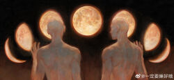 Rule 34 | 2boys, absurdres, artist request, astronomy, crescent moon, faceless, faceless male, from behind, full moon, hand up, highres, looking ahead, male focus, moon, moon cycle, multiple boys, orange theme, original, toned, toned male, upper body
