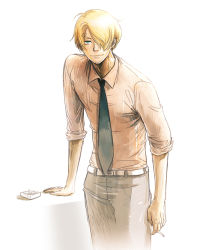 Rule 34 | 1boy, ashtray, blonde hair, cigarette, hair over one eye, hakuto (hkt1132), looking at viewer, male focus, necktie, one piece, pixiv sample, resized, sanji (one piece), smoking, solo