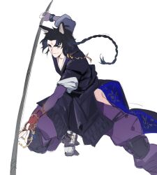 Rule 34 | 1boy, animal ears, arknights, beads, black hair, braid, brown eyes, closed mouth, dog ears, dog girl, facial mark, forehead mark, genderswap, genderswap (ftm), highres, holding, holding weapon, huan shi tian tong, japanese clothes, kimono, long hair, looking at viewer, male focus, multicolored hair, naginata, pants, polearm, prayer beads, purple pants, saga (arknights), simple background, sketch, solo, weapon, white background