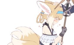 Rule 34 | 1girl, 1other, ambiguous gender, animal ears, arknights, bad id, bad pixiv id, bare shoulders, black gloves, blue hairband, blush, braid, chrocatz, closed eyes, dress, extra ears, fox ears, fox tail, from side, gloves, hairband, headpat, heart, highres, kitsune, multiple tails, out of frame, profile, short hair, sidelocks, simple background, single glove, suzuran (arknights), tail, upper body, white background, white dress