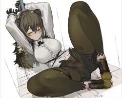Rule 34 | 1girl, animal ears, animal hands, arknights, artist name, barcode, black gloves, black leggings, black shorts, bound, bound wrists, breasts, brown eyes, brown footwear, brown hair, button gap, cleavage, cokuto1, collared shirt, cross tie, cuffs, gloves, hair between eyes, handcuffs, large breasts, leggings, leggings under shorts, long hair, long sleeves, looking at viewer, looking to the side, open fly, pantyhose, polka dot, polka dot shirt, raccoon ears, raccoon girl, robin (arknights), shirt, shoes, short shorts, shorts, sneakers, solo, spread legs, sweatdrop, thigh strap, unmoving pattern