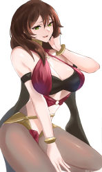 Rule 34 | 1girl, alternate costume, armlet, bracelet, breasts, brown hair, cleavage, cosplay, dancer, dorothea arnault, fire emblem, fire emblem: three houses, genshin impact, green eyes, hair between eyes, hair over one eye, highres, jewelry, large breasts, lisa (genshin impact), nintendo, o-ring, open mouth, pantyhose, tommy (kingdukeee), white background