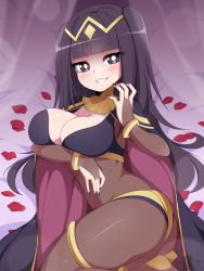 Rule 34 | 1girl, absurdres, arm under breasts, bad id, bad twitter id, black eyes, black hair, black nails, blunt bangs, blush, bodystocking, bracelet, breasts, bridal gauntlets, bright pupils, cape, circlet, cleavage, female focus, fire emblem, fire emblem awakening, grin, highres, jewelry, large breasts, long hair, matching hair/eyes, nail polish, nintendo, petals, rose petals, smile, solo, tharja (fire emblem), thighlet, totallyiryanic, two side up, white pupils
