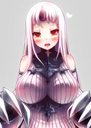 Rule 34 | 10s, 1girl, abyssal ship, bad id, bad pixiv id, bare shoulders, blush, breasts, brown eyes, claws, detached sleeves, dress, heart, highres, horns, kantai collection, large breasts, long hair, looking at viewer, md5 mismatch, morita, morita (moritania), open mouth, pale skin, pasties, ribbed dress, ribbed sweater, seaport princess, see-through, short dress, single horn, smile, solo, sweater, sweater dress, turtleneck, white hair