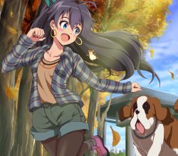 Rule 34 | 1girl, :o, animal, antenna hair, autumn leaves, black hair, brown pantyhose, collarbone, commentary request, cross-laced footwear, day, dog, earrings, fang, ganaha hibiki, hair ribbon, hamster, hamuzou, highres, hina (araburu-hinadori), hoop earrings, idolmaster, idolmaster (classic), inumi, jewelry, leaf, pantyhose under shorts, long hair, official style, open clothes, open shirt, outdoors, outstretched arm, pantyhose, pink footwear, plaid, plaid shirt, ponytail, ribbon, running, shirt, shoes, shorts, sky, sneakers, socks over pantyhose, solo, sunlight, tree, unbuttoned