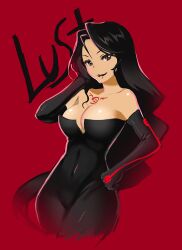 Rule 34 | 1girl, black dress, black gloves, black hair, black lips, breasts, brown eyes, character name, cleavage, closed mouth, collarbone, commentary request, covered erect nipples, cropped legs, dress, elbow gloves, forehead, fullmetal alchemist, gloves, groin, hand up, kuzumochi (kuzumochiya), large breasts, long hair, lust (fma), parted bangs, red background, simple background, smile, solo, strapless, strapless dress, tattoo, text background, very long hair