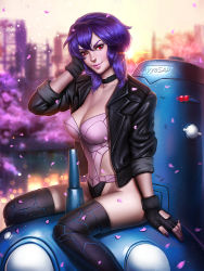 Rule 34 | 1girl, ayya sap, cleavage, cyborg, ghost in the shell, ghost in the shell stand alone complex, gloves, jacket, kusanagi motoko, leotard, lips, purple hair, red eyes, short hair, sitting, smile, solo, tachikoma, thighhighs