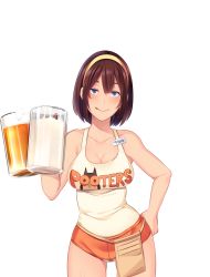 Rule 34 | 1girl, ;q, alcohol, bare arms, bare legs, bare shoulders, beer, beer mug, blue eyes, blush, breasts, brown hair, butcha-u, cleavage, closed mouth, collarbone, crotchless, cum, cum in container, cum in cup, cup, drinking glass, eyelashes, female pubic hair, game cg, glass, hair between eyes, hairband, hand on own hip, hand up, holding, holding cup, holding drinking glass, hooters, kenzen! hentai seikatsu no susume, large breasts, legs, licking lips, looking at viewer, maezono chinami, mug, name tag, naughty face, one eye closed, orange shorts, original, pubic hair, short hair, short shorts, shorts, sleeveless, smile, solo, standing, tank top, thighs, tongue, tongue out, transparent background, yellow hairband
