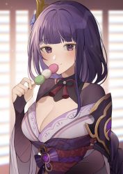 Rule 34 | 1girl, armor, blurry, blurry background, blush, braid, breasts, bridal gauntlets, cleavage, closed mouth, commentary request, dango, floral print, flower, food, genshin impact, hair ornament, highres, holding, holding food, japanese clothes, kimono, large breasts, long hair, long sleeves, looking at viewer, mitsudomoe (shape), mole, mole under eye, nerua, obi, obiage, obijime, purple eyes, purple flower, purple hair, raiden shogun, ribbon, sash, shoulder armor, smile, solo, tassel, tomoe (symbol), wagashi, wide sleeves