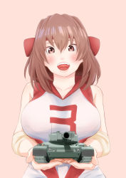 Rule 34 | 1girl, absurdres, bare shoulders, blush, breasts, brown eyes, brown hair, cowboy shot, elbow pads, girls und panzer, hair between eyes, highres, kondou taeko, large breasts, medium hair, military, military vehicle, motor vehicle, open mouth, oze (xyz go go11), red ribbon, ribbon, solo, sportswear, tank, tongue, vehicle request, volleyball uniform