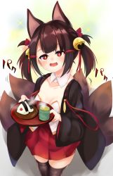 Rule 34 | 1girl, :d, absurdres, aged down, akagi-chan (azur lane), akiba monaka, animal ears, azur lane, bell, breasts, brown hair, child, collarbone, commentary request, cup, detached collar, eyebrows hidden by hair, fang, food, fox ears, fox girl, fox tail, green tea, hair bell, hair ornament, half-closed eyes, head tilt, highres, holding, holding tray, huge filesize, jingle bell, legs together, long sleeves, looking at viewer, motion lines, onigiri, open mouth, red eyes, smile, solo, standing, steam, tail, tea, tray, wide sleeves, wing collar, yunomi