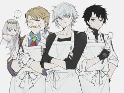 ... 4boys apron black_hair blonde_hair blue_eyes brown_eyes command_spell crossed_arms ear_piercing facial_hair fate/grand_order fate_(series) fingerless_gloves fujimaru_ritsuka_(male) fujimaru_ritsuka_(male)_(decisive_battle_chaldea_uniform) gloves goredolf_musik grey_hair highres kadoc_zemlupus kino_kokko male_focus multiple_boys mustache oberon_(fate) piercing spoken_ellipsis white_apron white_gloves