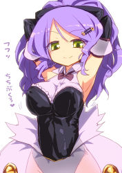 Rule 34 | 1girl, adjusting hair, armpits, arms up, breasts, chandelure, costume, covered erect nipples, creatures (company), dot nose, dress, elbow gloves, female focus, game freak, gen 5 pokemon, gloves, hair ornament, hair ribbon, hairclip, homura subaru, large breasts, long hair, nintendo, personification, pokemon, purple hair, ribbon, see-through, simple background, skirt, smile, solo, standing, white background, yellow eyes