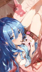 Rule 34 | absurdres, alternate costume, alternate hairstyle, animal print, bare shoulders, bear print, bird print, blue eyes, blue hair, blush, book, bra strap, breasts, casual, eating, food, food in mouth, from above, hair down, highres, holding, holding book, hololive, hoshimachi suisei, long hair, looking at viewer, looking back, medium breasts, off-shoulder shirt, off shoulder, on bed, pocky, pocky in mouth, rabbit print, reading, shirt, sitting, star (symbol), star in eye, symbol in eye, thighs, very long hair, virgo76612871, virtual youtuber
