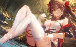 Rule 34 | 1girl, bamboo, blush, bracelet, breasts, brown eyes, brown hair, cleavage, commentary request, foot out of frame, girls&#039; frontline, girls&#039; frontline neural cloud, hair between eyes, hair ornament, highres, jewelry, jiangyu (neural cloud), kuroduki (pieat), large breasts, legs, looking at viewer, mouth hold, no shoes, outdoors, smile, soaking feet, solo, thighhighs, toes, twintails, type 97 (girls&#039; frontline), water, white thighhighs