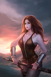 Rule 34 | 1girl, chaosringen, cover image, drawing sword, facing viewer, green eyes, highres, holding, holding sword, holding weapon, holster, lips, long hair, original, outdoors, overcast, pants, parted lips, red hair, scar, shirt, sky, solo, sword, thigh holster, walking, weapon, white shirt, wrist guards