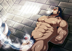 Rule 34 | 1boy, abs, against wall, avatar legends, bara, blush, brothers, censored, erection, highres, incest, male focus, muscular, nipples, nude, pectorals, penis, siblings, solo focus, the legend of korra, tonraq (avatar), water, wince, zelo-lee