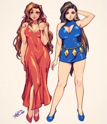 Rule 34 | 1990s (style), 2girls, aerith gainsborough, alternate hairstyle, bad id, bad twitter id, black hair, blue dress, breasts, brown hair, cleavage, cleavage cutout, clothing cutout, curly hair, dress, earrings, final fantasy, final fantasy vii, high heels, jewelry, large breasts, legs, long hair, long legs, looking at viewer, multiple girls, red dress, retro artstyle, robaato, simple background, smile, square enix, thighs, tifa lockhart, very long hair, wall market