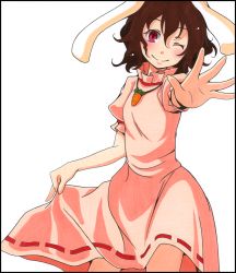 Rule 34 | 1girl, animal ears, bad id, bad pixiv id, ballpoint pen (medium), border, brown hair, carrot, carrot necklace, dress, female focus, foreshortening, inaba tewi, jewelry, looking at viewer, marker (medium), necklace, one eye closed, outstretched arm, pendant, puffy sleeves, rabbit ears, red eyes, shikishi, short hair, short sleeves, simple background, skirt hold, smile, solo, touhou, traditional media, tsukishiro saika, white background, wink
