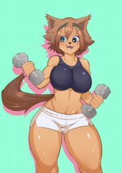 Rule 34 | 1girl, animal ears, blue eyes, breasts, brown hair, bulumble-bee, dog ears, dog tail, dumbbell, exercising, eyebrows, fangs, hair between eyes, headband, highres, large breasts, midriff, monster girl, monster musume no iru nichijou, open mouth, polt, short hair, shorts, smile, snout, solo, sports bra, standing, sweat, tail, thighs, toned