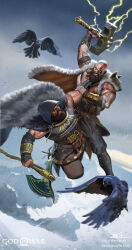 Rule 34 | 2boys, axe, bald, bird, cape, cloud, commentary, crow, english commentary, fighting, fur-trimmed cape, fur trim, glowing, glowing eyes, god of war ragnarok, hammer, highres, holding, holding axe, hood, hoodie, kratos (god of war), male focus, mountainous horizon, multiple boys, muscular, muscular male, red hair, ronniewang, simple background, snow, strangling, thor (god of war)