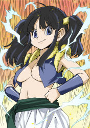 Rule 34 | 1girl, absurdres, ahoge, black hair, blue eyes, breasts, chi-chi (dragon ball), dragon ball, from below, fusion, hair tubes, hands on own hips, highres, long hair, looking at viewer, metamoran vest, midriff, muramasa mikado, navel, open clothes, open shirt, pants, sash, sidelocks, sleeveless, smile, smug, solo, twintails, underboob, vest, videl, white pants
