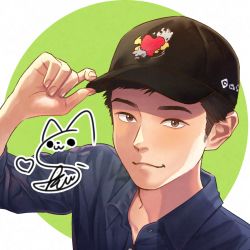Rule 34 | 1boy, arm up, bad id, bad pixiv id, baseball cap, black hair, black hat, blue shirt, brown eyes, closed mouth, collared shirt, dress shirt, green background, hand on headwear, hat, heart, highres, kurono kito, long sleeves, looking at viewer, male focus, original, shirt, signature, smile, solo, two-tone background, upper body, white background