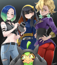 Rule 34 | 4girls, ass, black hair, blonde hair, bob cut, briar (pokemon), bright pupils, butcha-u, camera, carmine (pokemon), colored inner hair, creatures (company), crop top, game freak, grey shirt, hairband, hands on own hips, highres, holding, holding camera, jacket, long hair, looking at viewer, mole, mole under eye, multicolored hair, multiple girls, navel, nintendo, off-shoulder shirt, off shoulder, ogerpon, pants, partially shaded face, perrin (pokemon), pokemon, pokemon (creature), pokemon sv, purple jacket, red pants, shaded face, sharp teeth, shirt, smile, standing, stomach, teeth, very long hair, white pupils, wide hips, yellow eyes, yellow hairband