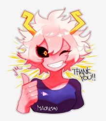 Rule 34 | 10s, 1girl, ashido mina, black sclera, boku no hero academia, collarbone, colored sclera, colored skin, dot nose, english text, female focus, grin, horns, pink hair, pink skin, simple background, smile, solo, tagme, teeth, upper body, yellow eyes