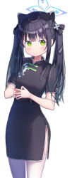 Rule 34 | 1girl, absurdres, animal ear fluff, animal ears, black dress, black hair, blue archive, blunt bangs, china dress, chinese clothes, dress, green eyes, highres, long hair, own hands together, short sleeves, shun (blue archive), shun (small) (blue archive), simple background, smile, solo, takechii, thighhighs, tiger ears, tiger girl, twintails, white thighhighs