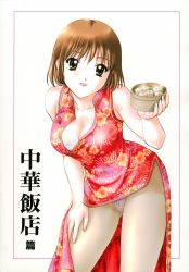 Rule 34 | 1girl, bamboo steamer, bra, breasts, brown eyes, brown hair, china dress, chinese clothes, cleavage, crotch seam, dim sum, dress, food, highres, large breasts, leaning forward, lingerie, panties, panties under pantyhose, pantyhose, petit link, scan, shumai (food), siu mai, solo, underwear, waitress